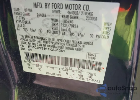 2007 Ford Escape Xlt/Xlt Sport from USA, damaged, VIN 1FMCU93167KA91361